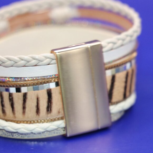 New 6 Strand Magnetic Clasp Leopard Print Braided Rhinestone Cross Bracelet - Picture 5 of 5